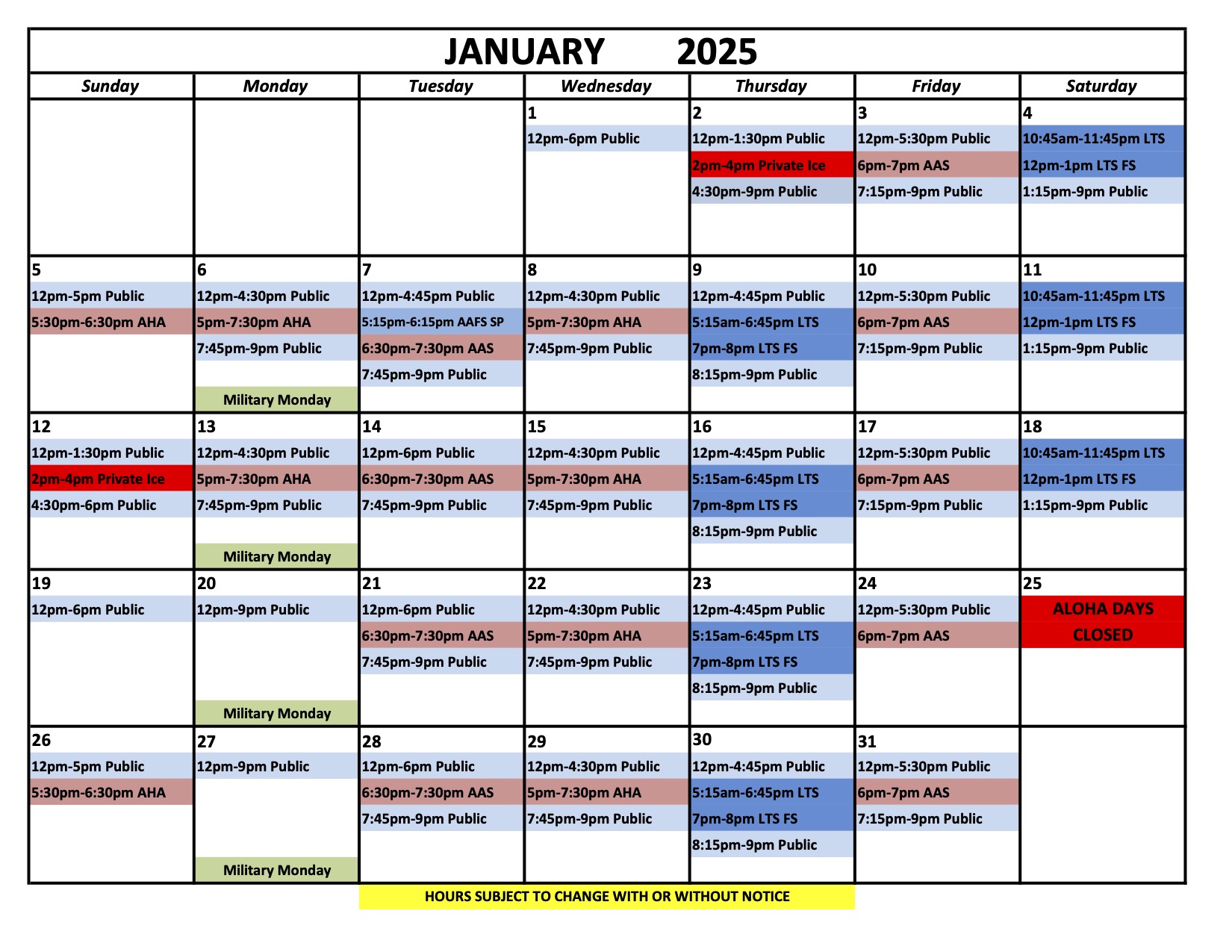 Ice Chalet Schedule