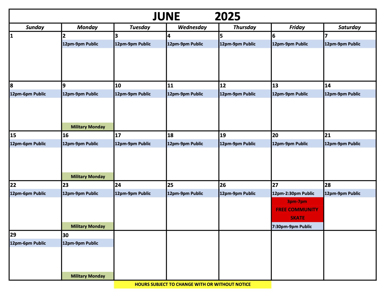 Ice Chalet Schedule