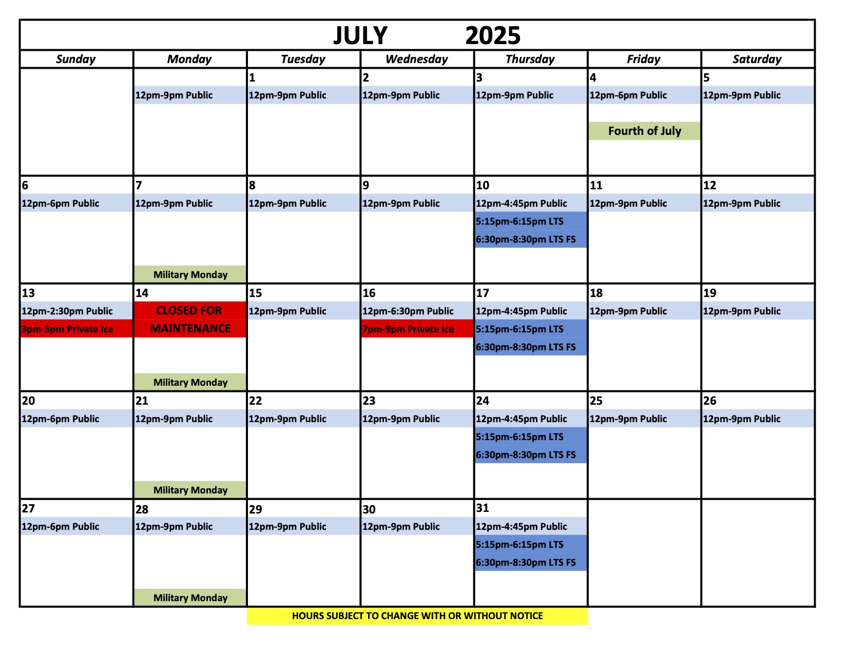 Ice Chalet Schedule