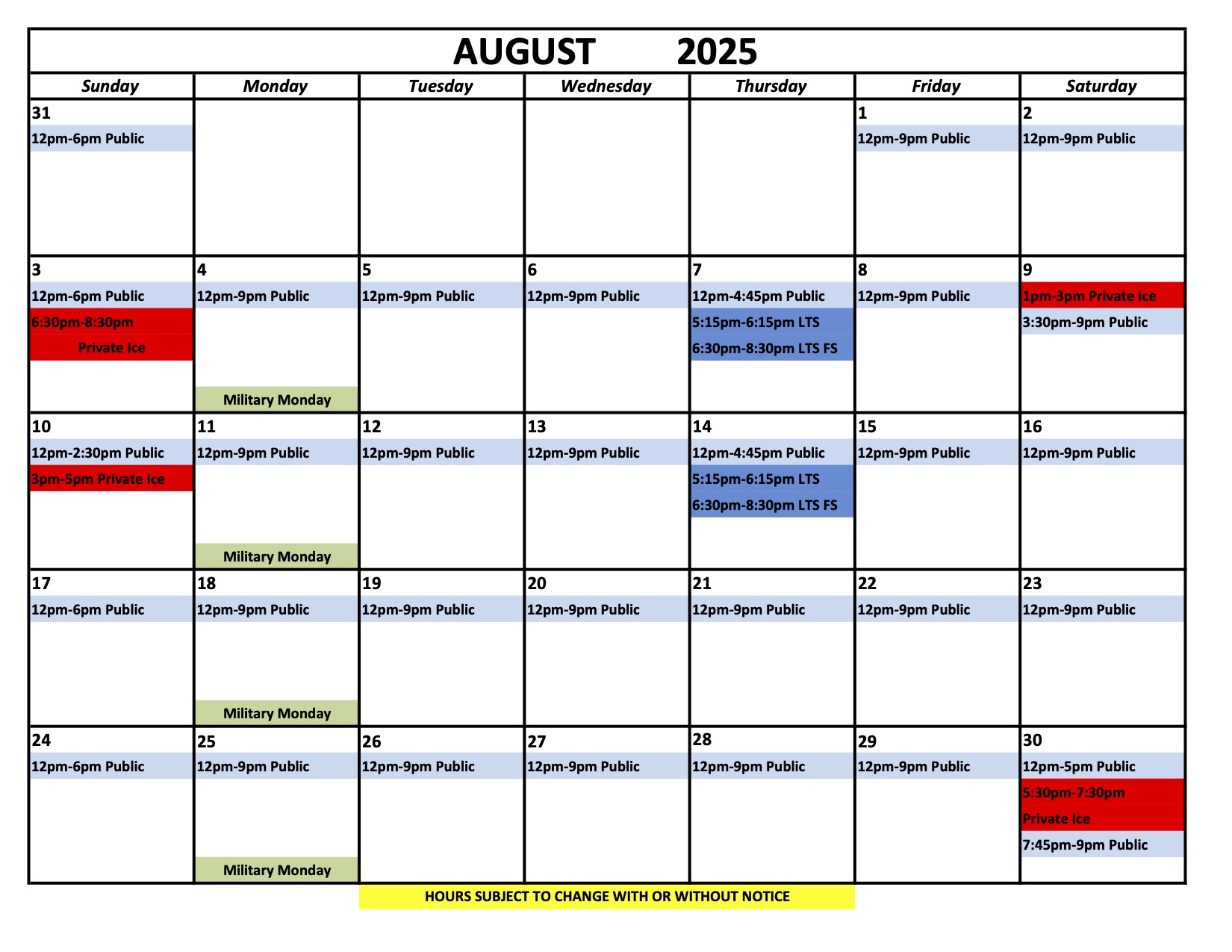 Ice Chalet Schedule