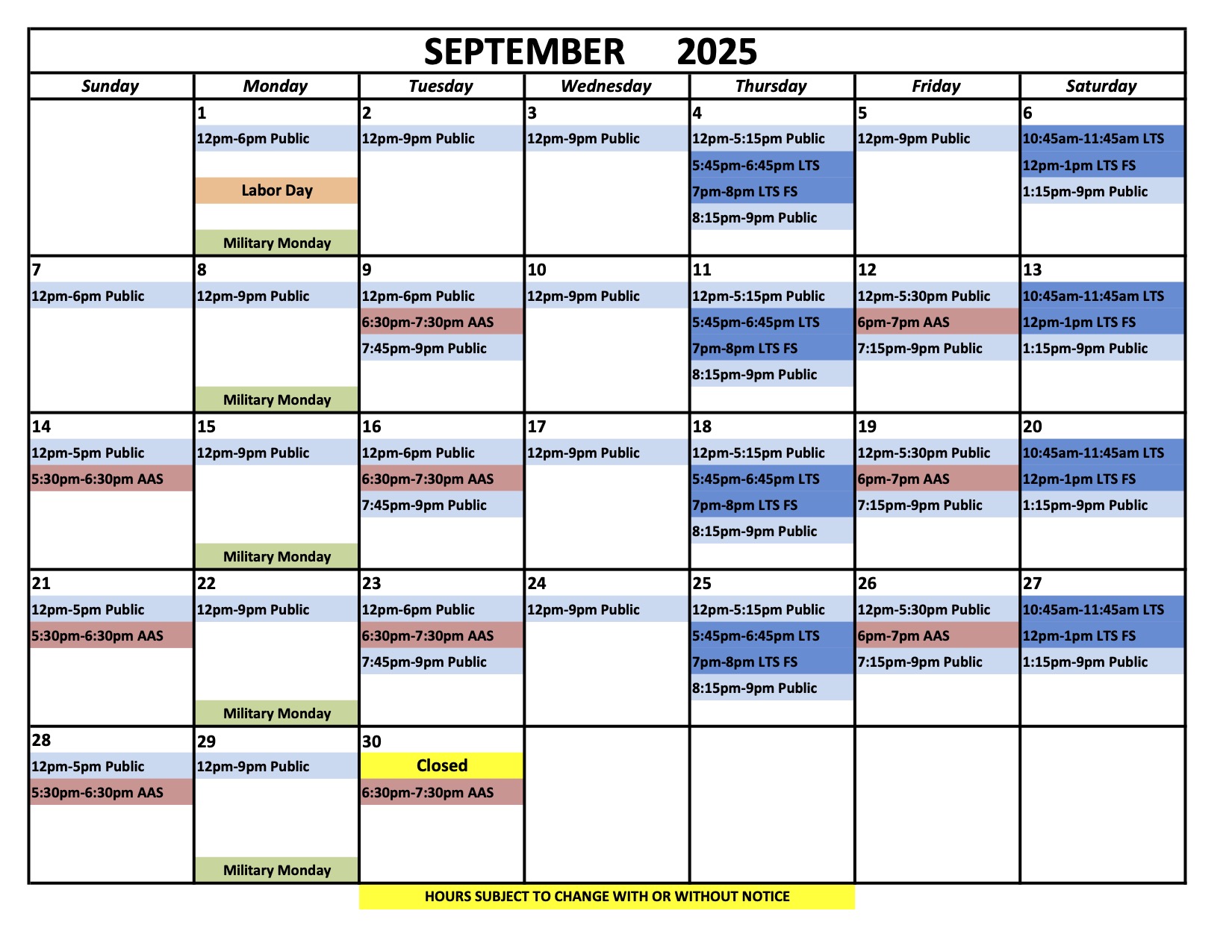 Ice Chalet Schedule