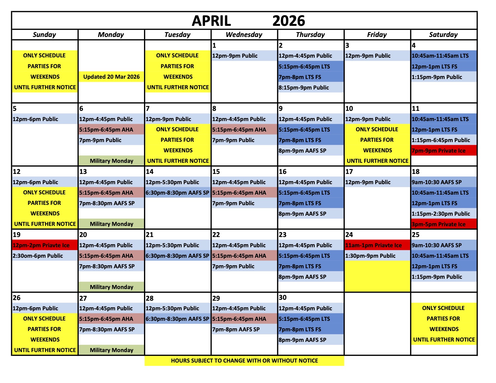Ice Chalet Schedule