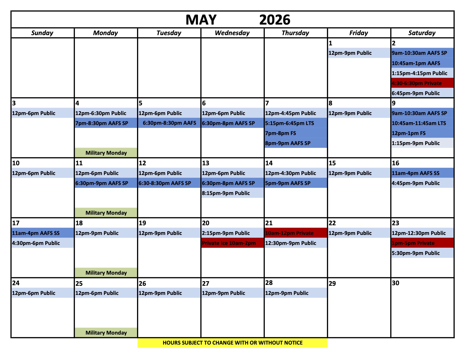 Ice Chalet Schedule