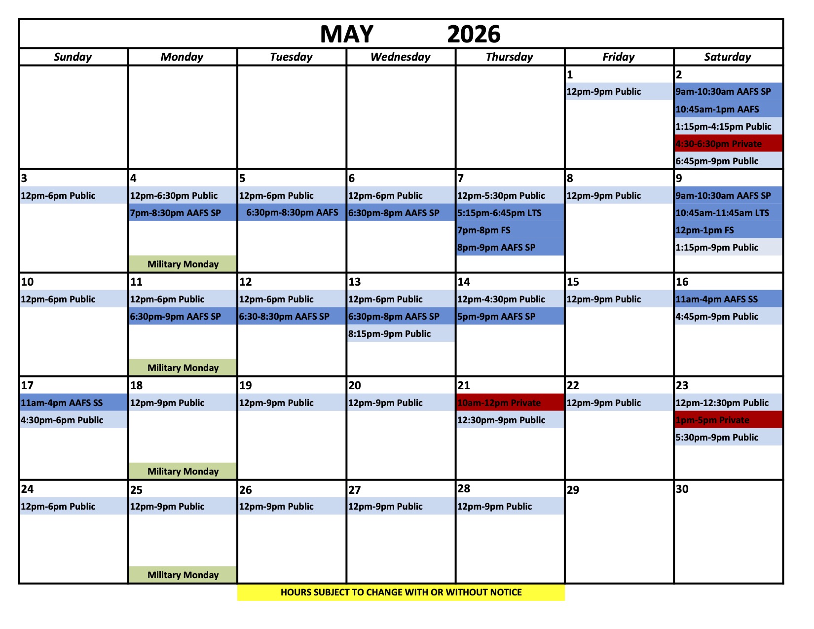Ice Chalet Schedule