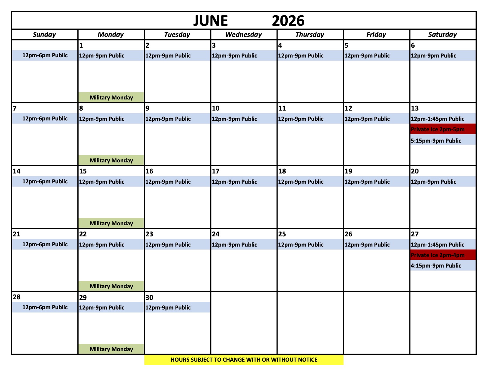 Ice Chalet Schedule