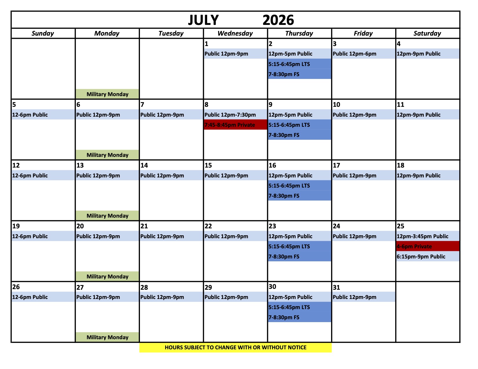 Ice Chalet Schedule