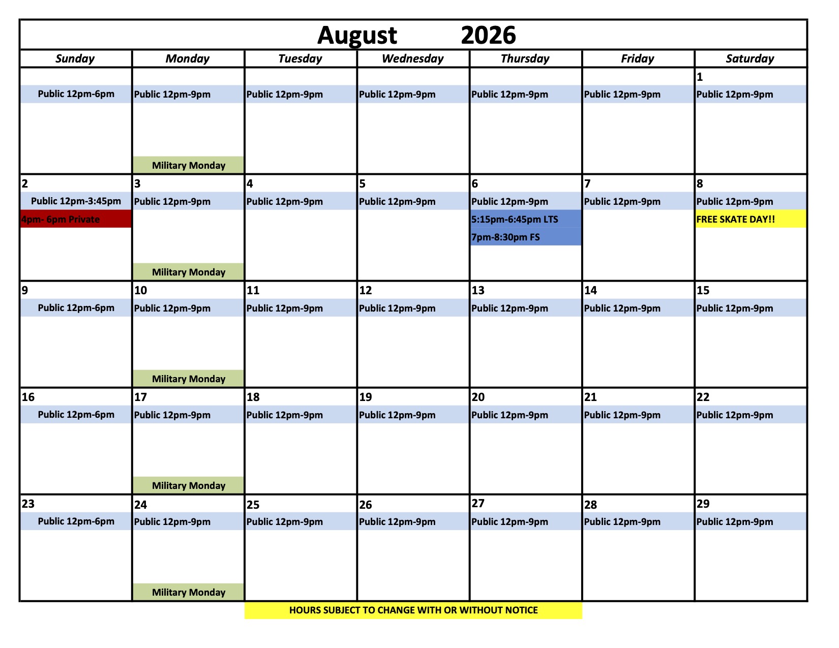 Ice Chalet Schedule