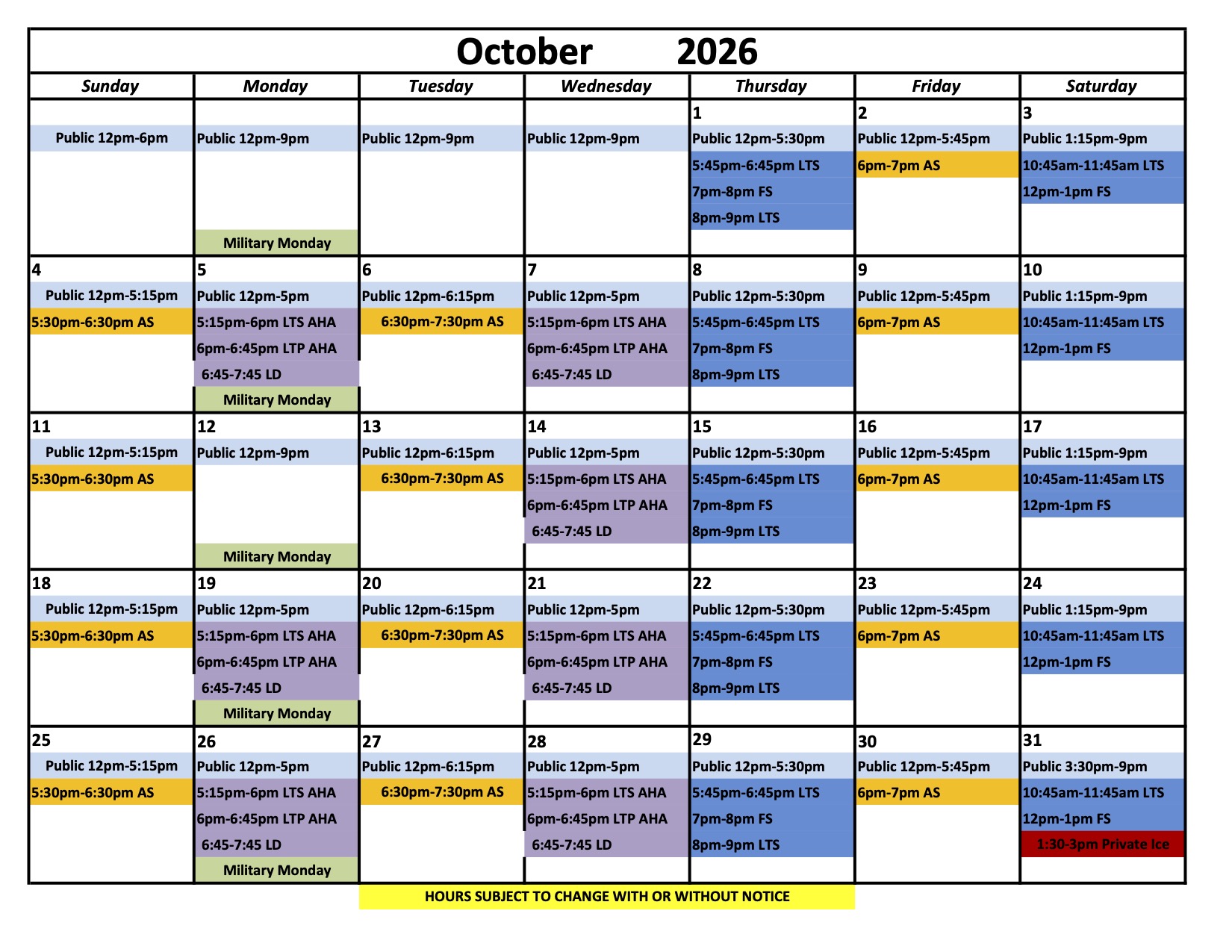 Ice Chalet Schedule